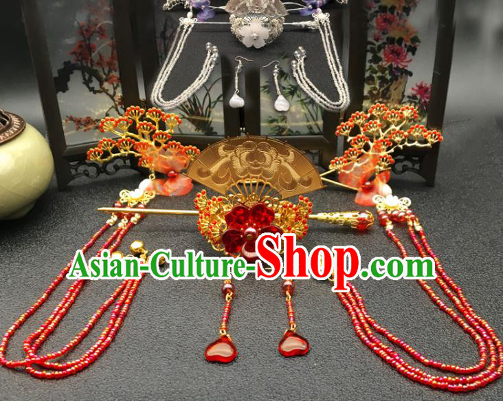 Chinese Ancient Ming Dynasty Princess Red Pine Hair Crown Hairpins Traditional Hanfu Court Hair Accessories for Women