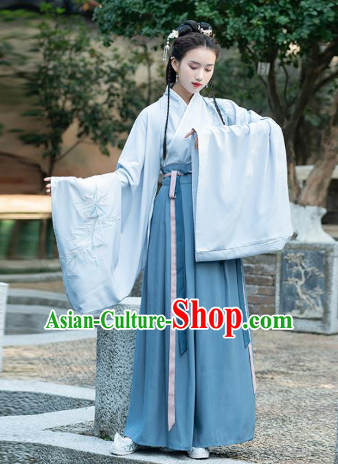Traditional Chinese Jin Dynasty Court Lady Replica Costumes Ancient Royal Princess Blue Hanfu Dress for Women