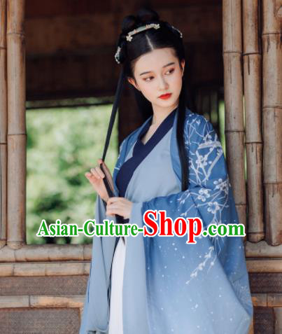 Traditional Chinese Jin Dynasty Imperial Concubine Replica Costumes Ancient Court Princess Blue Hanfu Dress for Women