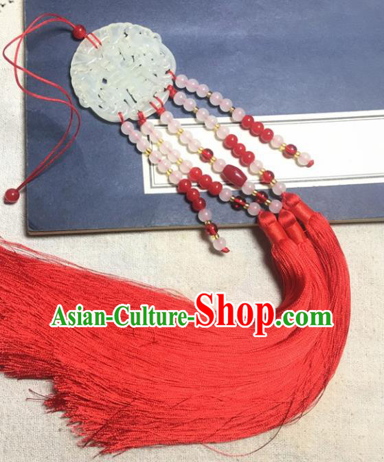 Traditional Chinese Hanfu Wedding Jade Carving Waist Accessories Red Tassel Pendant Ancient Swordsman Brooch