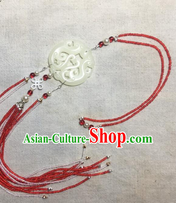 Traditional Chinese Hanfu Jade Carving Waist Accessories Palace Red Beads Tassel Pendant Ancient Swordsman Brooch