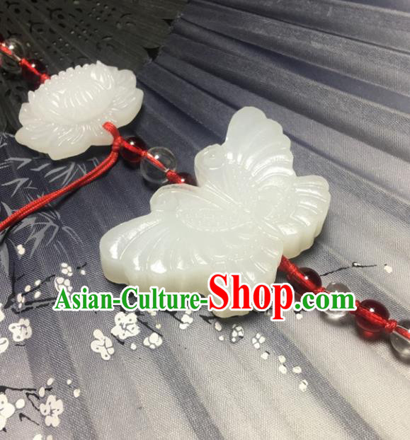 Traditional Chinese Hanfu Jade Carving Butterfly Lotus Waist Accessories Palace Red Tassel Pendant Ancient Swordsman Brooch