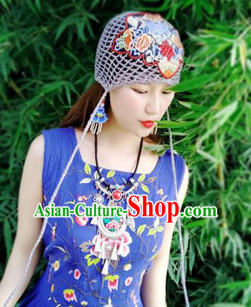 Chinese Traditional Ethnic Embroidered Hat National Handmade Grey Wool Knitting Hat for Women