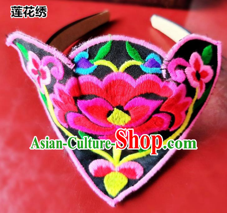 Chinese Traditional Ethnic Embroidered Lotus Headband National Handmade Hair Clasp for Women