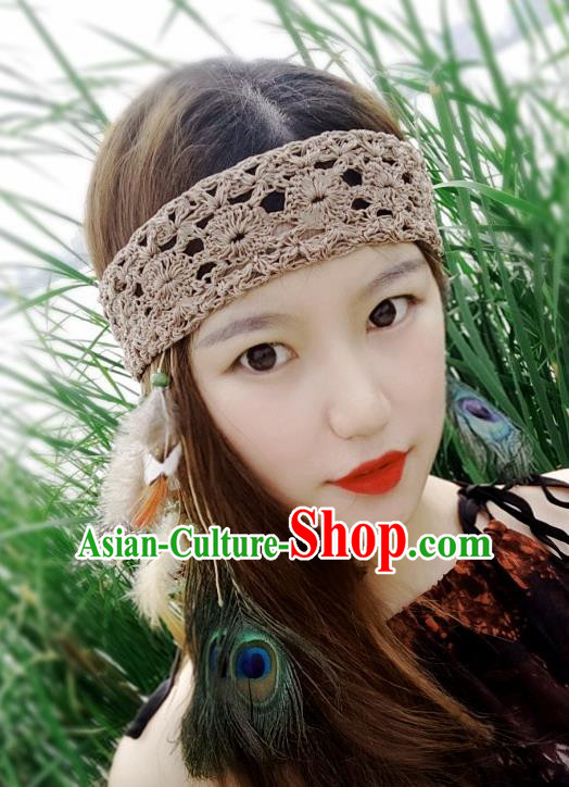 Chinese Traditional Ethnic Wool Knitting Headband National Handmade Feather Hair Clasp for Women