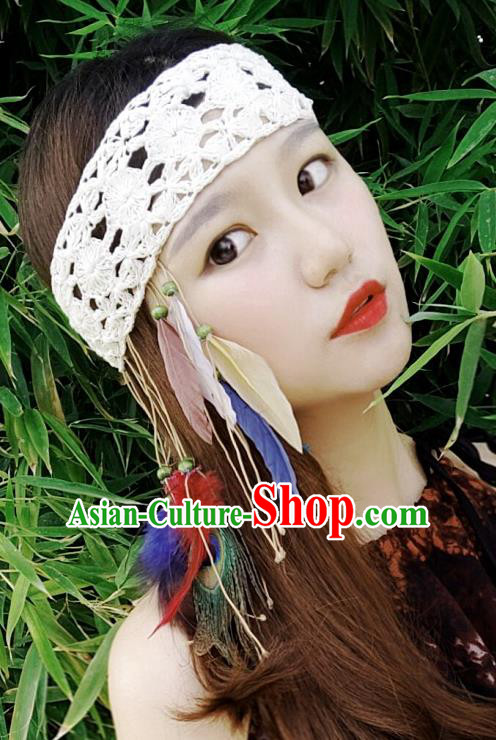 Chinese Traditional Ethnic White Wool Knitting Headband National Handmade Feather Hair Clasp for Women