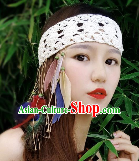 Chinese Traditional Ethnic White Wool Knitting Headband National Handmade Feather Hair Clasp for Women