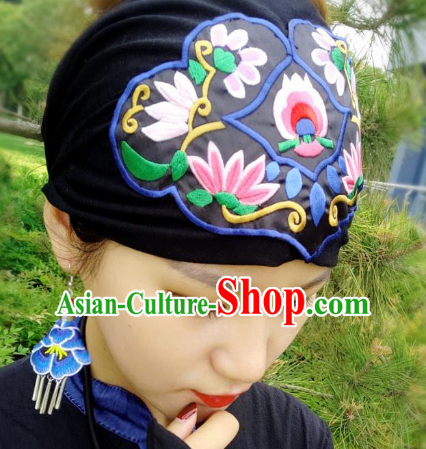 Chinese Traditional Ethnic Embroidered Lotus Blue Headband National Handmade Hair Clasp for Women