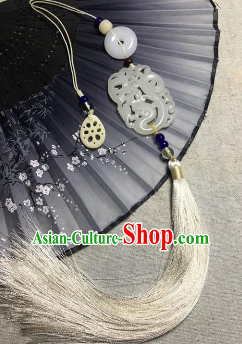 Traditional Chinese Hanfu Jade Carving Waist Accessories Palace White Tassel Pendant Ancient Swordsman Brooch