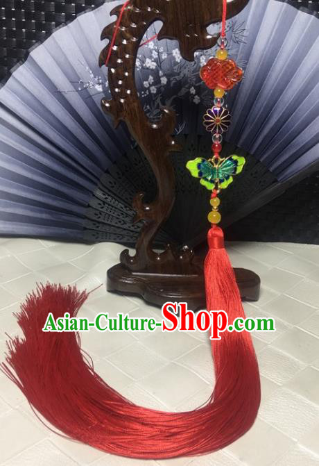 Chinese Traditional Handmade Cloisonne Butterfly Red Tassel Pendant Ancient Swordsman Waist Accessories