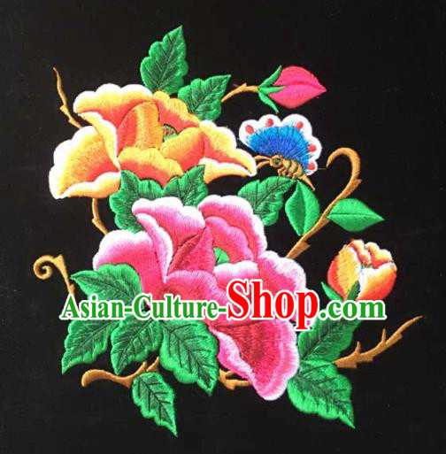 Chinese Traditional Embroidery Cloth Accessories National Embroidered Peony Butterfly Black Dress Patch