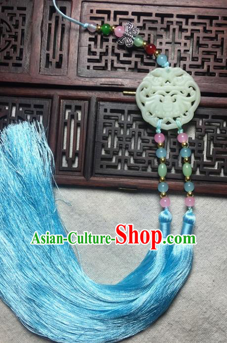 Traditional Chinese Hanfu Jade Carving Bat Waist Accessories Palace Blue Tassel Pendant Ancient Swordsman Brooch