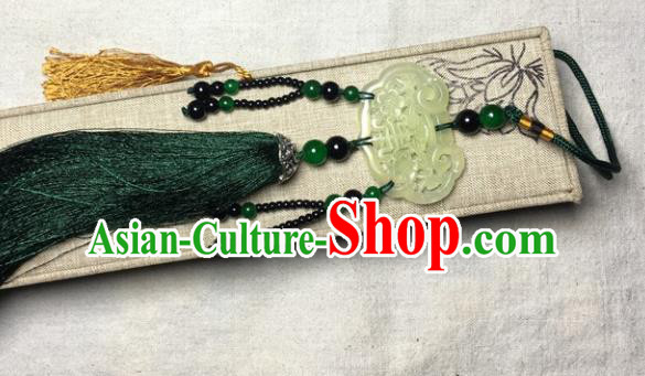 Traditional Chinese Hanfu Jade Carving Plum Lock Waist Accessories Palace Green Tassel Pendant Ancient Swordsman Brooch
