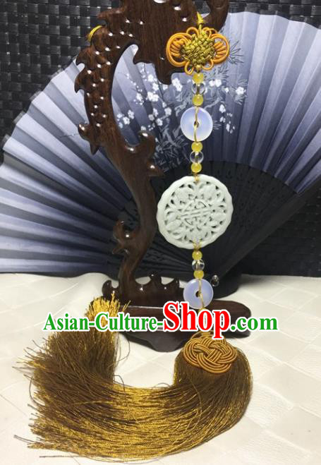 Traditional Chinese Hanfu Jade Carving Waist Accessories Golden Tassel Pendant Ancient Swordsman Brooch