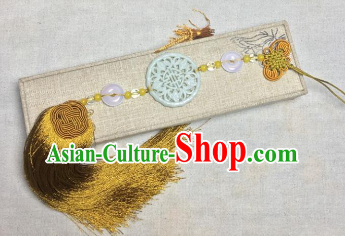 Traditional Chinese Hanfu Jade Carving Waist Accessories Golden Tassel Pendant Ancient Swordsman Brooch