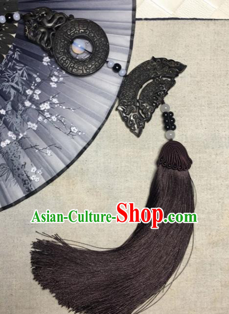 Traditional Chinese Hanfu Black Jade Carving Waist Accessories Tassel Pendant Ancient Swordsman Brooch