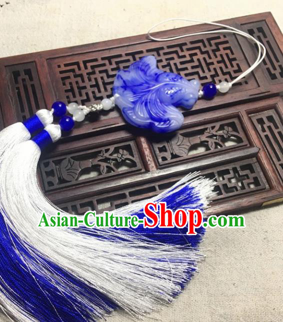 Traditional Chinese Hanfu Blue Jade Carving Waist Accessories Tassel Pendant Ancient Swordsman Brooch