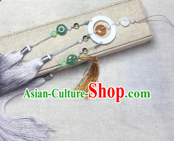 Traditional Chinese Hanfu Jade Carving Buddhist Mantra Waist Accessories Palace Grey Tassel Pendant Ancient Swordsman Brooch