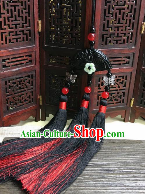 Traditional Chinese Hanfu Black Jade Carving Fan Waist Accessories Palace Red Tassel Pendant Ancient Swordsman Brooch