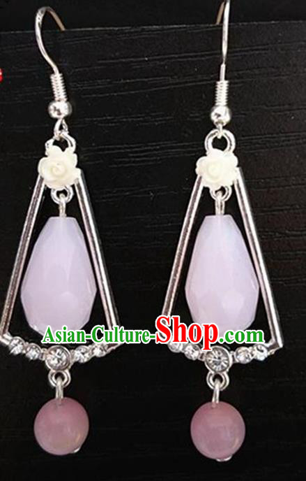 Chinese Traditional Hanfu Court Ear Accessories Ancient Princess Pink Stone Earrings for Women