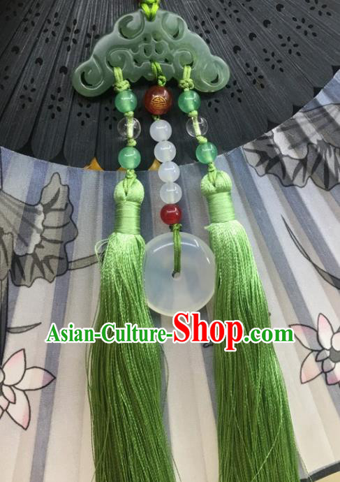 Traditional Chinese Hanfu Jade Carving Cloud Waist Accessories Palace Green Tassel Pendant Ancient Swordsman Brooch