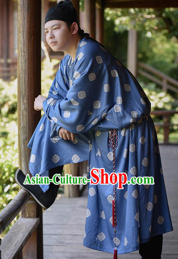 Traditional Chinese Tang Dynasty Civilian Replica Costumes Ancient Swordsman Blue Robe for Men