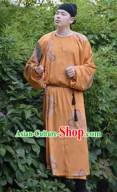 Traditional Chinese Tang Dynasty Imperial Bodyguard Merchant Replica Costumes Ancient Civilian Orange Robe for Men