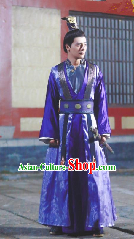 Chinese Ancient Drama Jia Feng Xu Huang Swordsman Su Yu Costumes Traditional Tang Dynasty Prince Purple Hanfu Clothing for Men