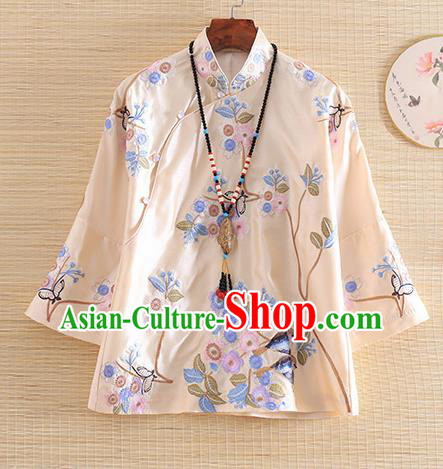 Chinese Traditional Tang Suit Embroidered Flowers Birds Apricot Blouse National Costume Qipao Upper Outer Garment for Women