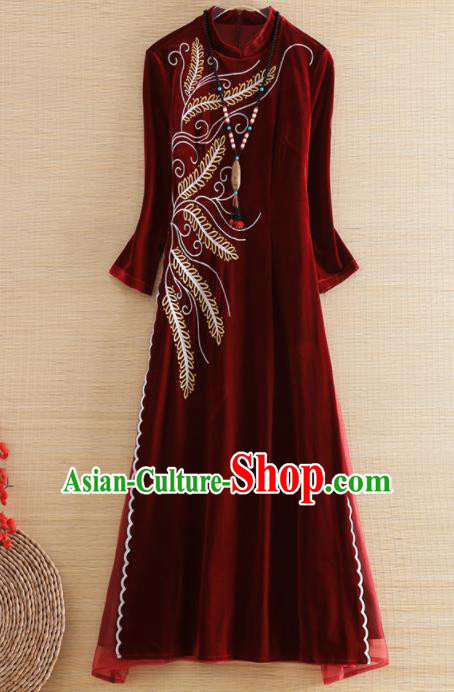 Chinese Traditional Tang Suit Embroidered Purplish Red Velvet Cheongsam National Costume Qipao Dress for Women