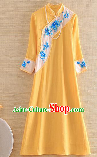 Chinese Traditional Tang Suit Embroidered Peony Yellow Cheongsam National Costume Qipao Dress for Women