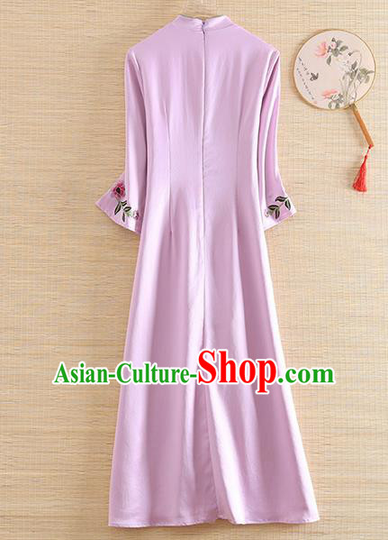 Chinese Traditional Tang Suit Embroidered Peony Lilac Cheongsam National Costume Qipao Dress for Women