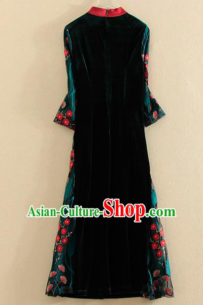 Chinese Traditional Tang Suit Embroidered Black Velvet Cheongsam National Costume Qipao Dress for Women