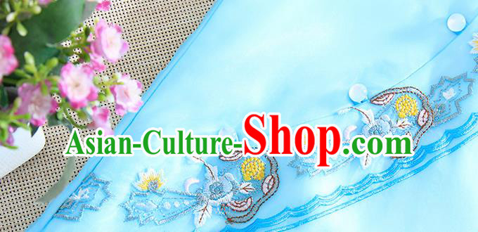 Chinese Traditional Tang Suit Embroidered Blue Organza Cheongsam National Costume Qipao Dress for Women