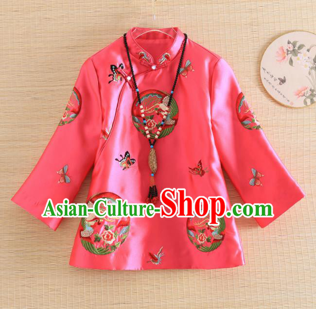 Chinese Traditional Tang Suit Embroidered Butterfly Phoenix Rosy Shirt National Costume Qipao Upper Outer Garment for Women