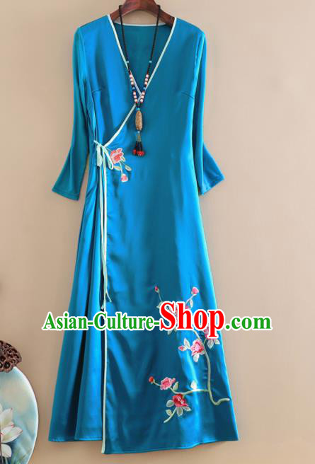 Chinese Traditional Tang Suit Embroidered Blue Brocade Cheongsam National Costume Qipao Dress for Women