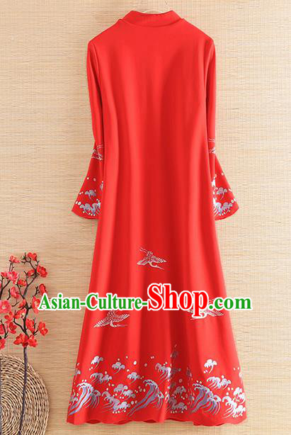Chinese Traditional Red Cheongsam National Costume Embroidered Qipao Dress for Women