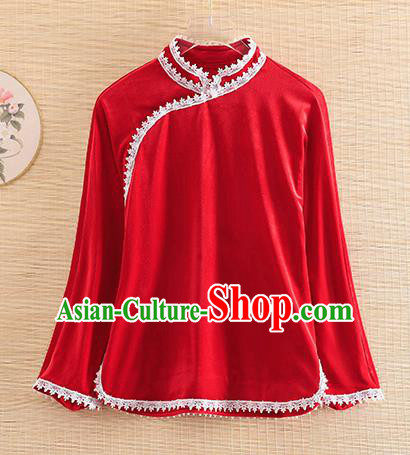 Chinese Traditional Red Velvet Blouse National Costume Qipao Upper Outer Garment for Women