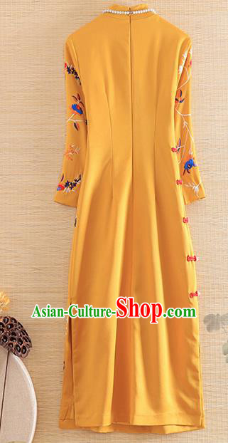 Chinese Traditional Embroidered Flowers Yellow Cheongsam National Costume Qipao Dress for Women