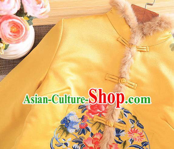 Chinese Traditional Embroidered Peony Yellow Jacket National Costume Qipao Upper Outer Garment for Women