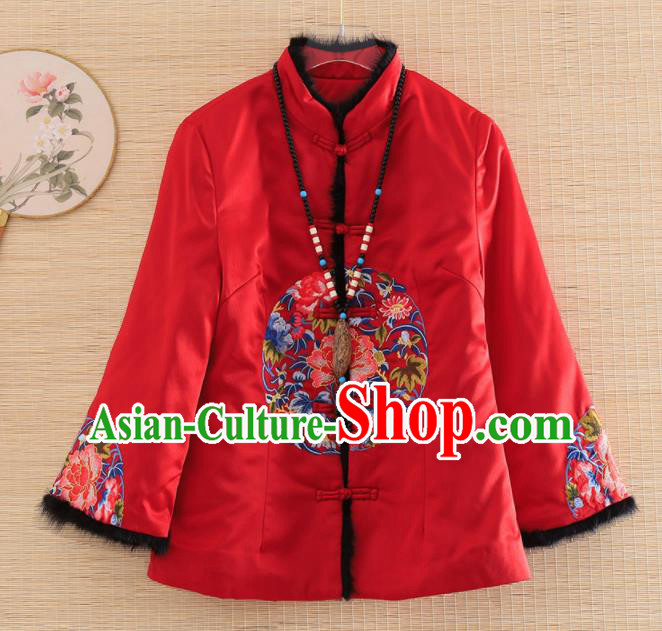 Chinese Traditional Embroidered Peony Red Jacket National Costume Qipao Upper Outer Garment for Women