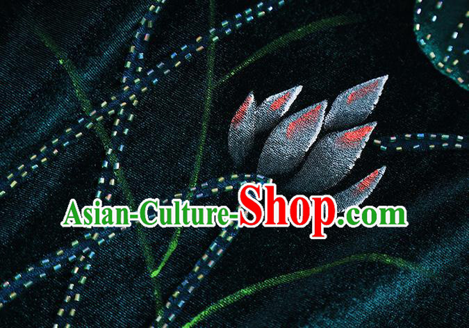 Chinese Traditional Printing Lotus Green Velvet Cheongsam National Costume Qipao Dress for Women