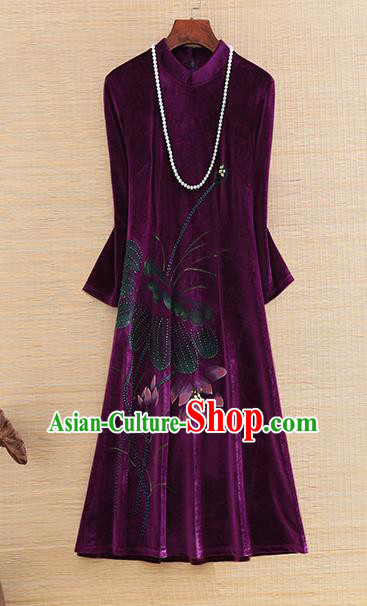 Chinese Traditional Printing Lotus Purple Velvet Cheongsam National Costume Qipao Dress for Women