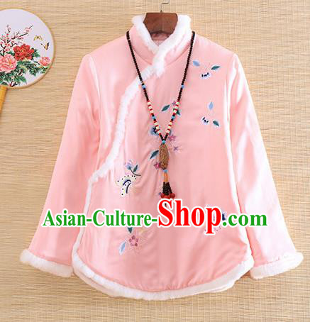 Chinese Traditional Tang Suit Embroidered Pink Cotton Padded Jacket National Costume Qipao Upper Outer Garment for Women