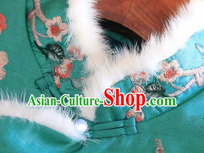 Chinese Traditional Tang Suit Embroidered Green Cotton Padded Coat National Costume Qipao Upper Outer Garment for Women