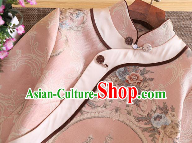 Chinese Traditional Tang Suit Printing Pink Blouse National Costume Qipao Upper Outer Garment for Women