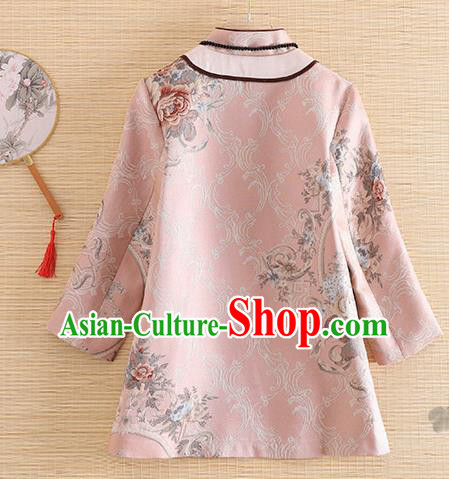 Chinese Traditional Tang Suit Printing Pink Blouse National Costume Qipao Upper Outer Garment for Women