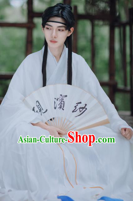 Traditional Chinese Ming Dynasty Taoist Priest White Robe Ancient Civilian Scholar Historical Costumes for Men