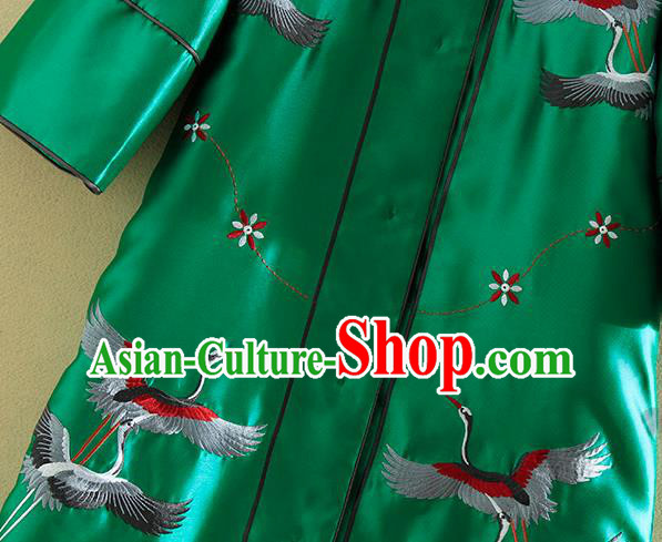 Chinese Traditional Tang Suit Embroidered Cranes Green Dust Coat National Costume Qipao Outer Garment for Women
