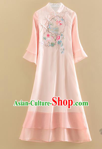 Chinese Traditional Tang Suit Embroidered Chrysanthemum Plum Pink Cheongsam National Costume Qipao Dress for Women